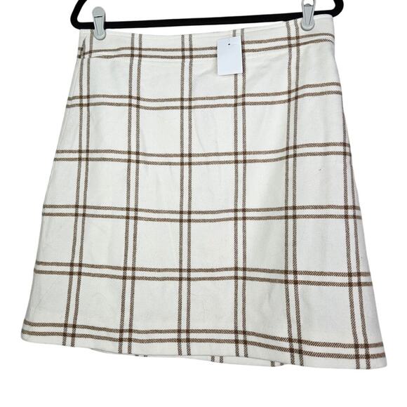 NEW J.Crew 10 Ivory Brown Windowpane Check Plaid Wool A Line Skirt Classic - Picture 1 of 4